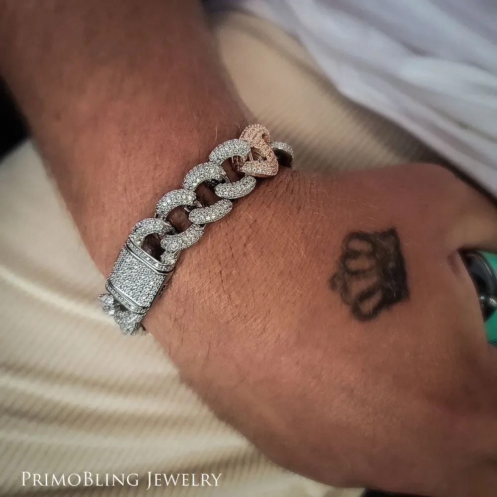 Silver & Rose Simulated Diamond Cuban Link Bracelet